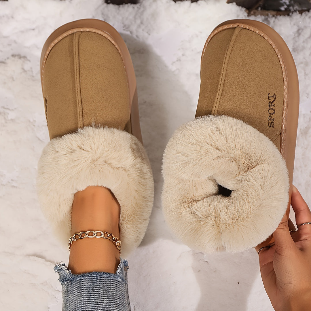 Platåtøfler med fuskepels i beige