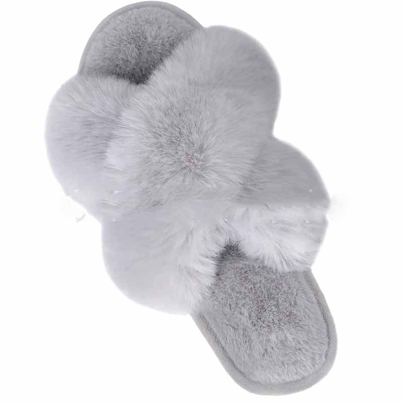 Fluffy slippers med kryssreimer i grå
