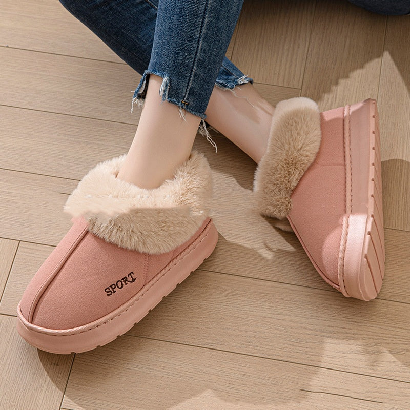 Platåtøfler med fuskepels i beige