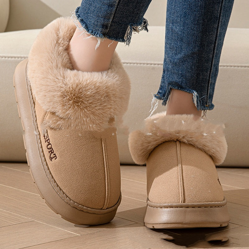 Platåtøfler med fuskepels i beige
